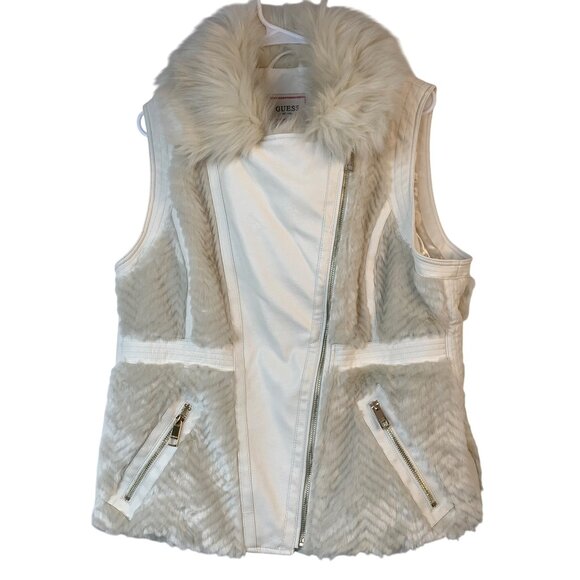 Guess Womens Cream Faux Fur & Leather Asymmetric Zip Vest XL 10009 - Picture 10 of 12